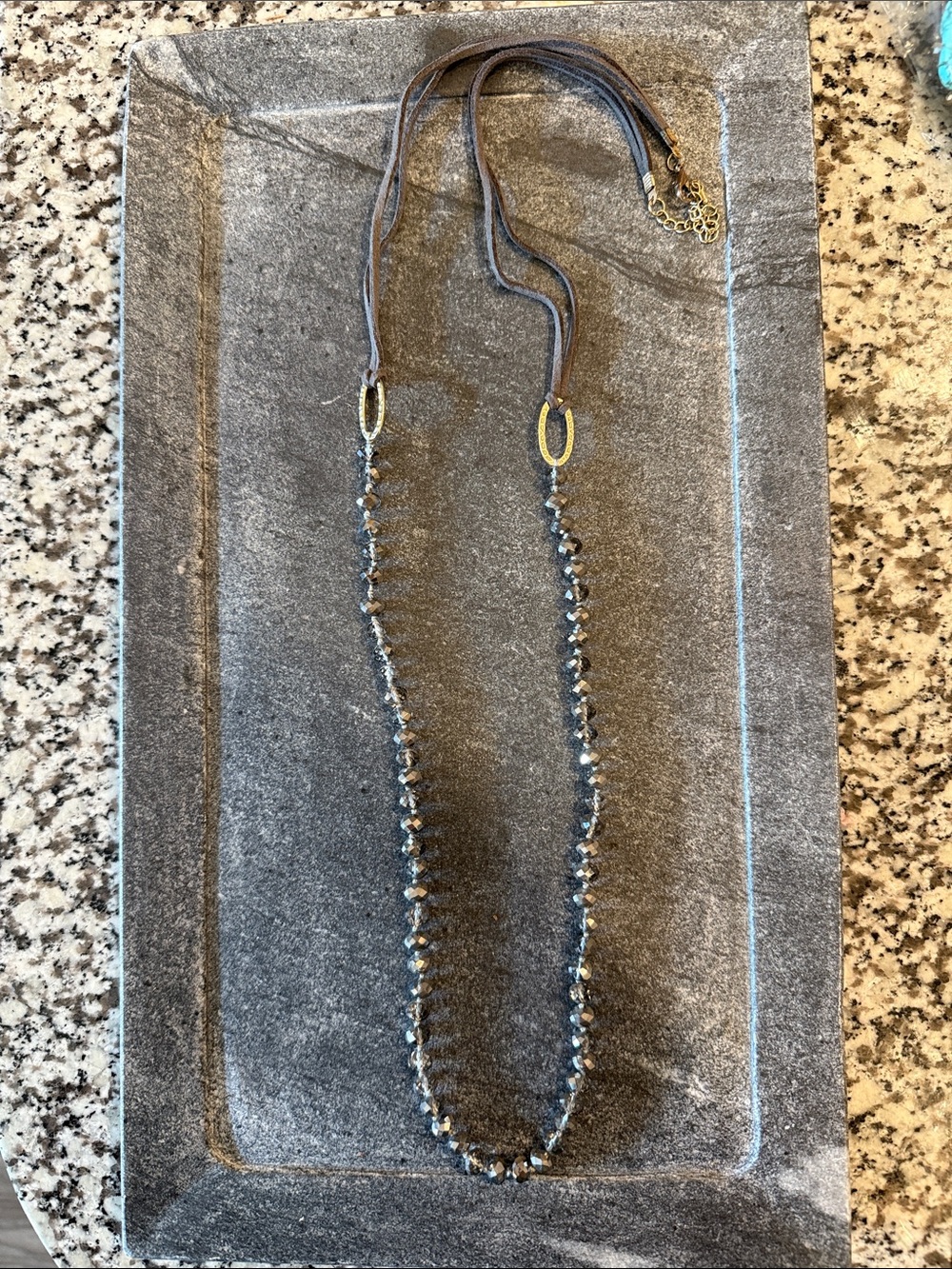 Boho Beaded Long Necklace with Leather Cord - Gray with Gold Tone Accents